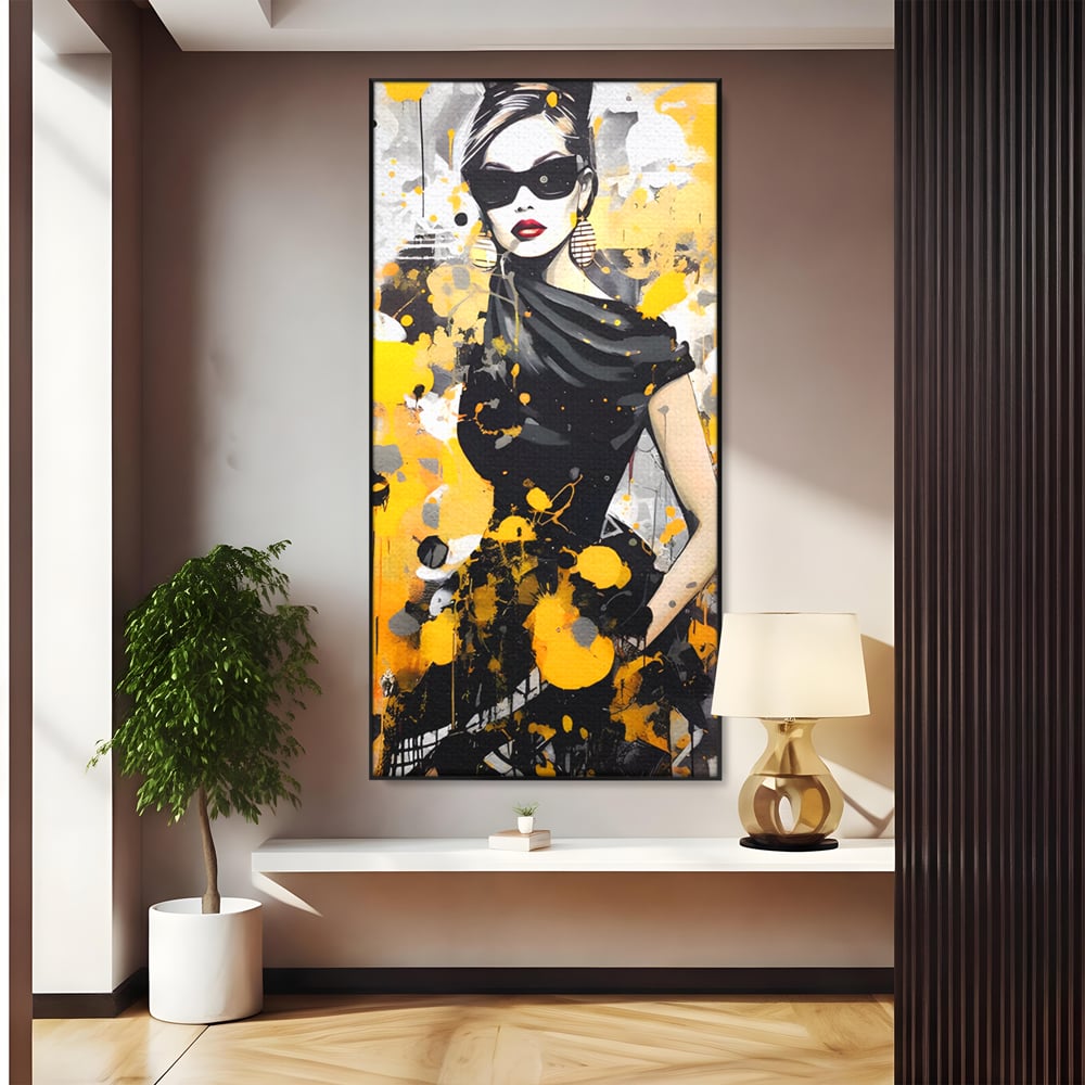 Tablou canvas cu tablou canvas portret femeie eleganta ochelari, in rama de aluminiu negru